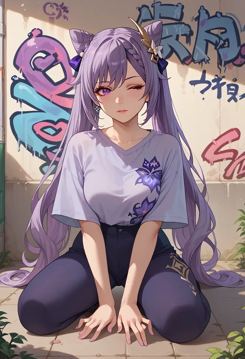 genshin impact,keqing_(genshin_impact),oversized graffiti shirt,dolphin shorts  - 