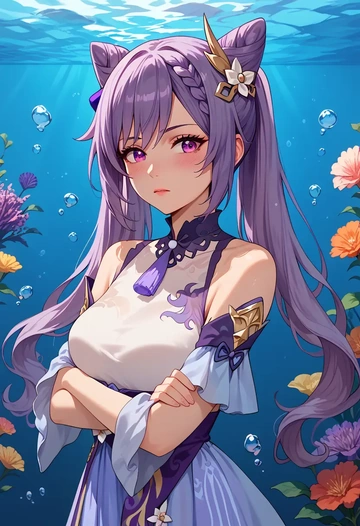 genshin impact,keqing_(genshin_impact),floral graffiti blouse,dolphin shorts  - AI generated anime art