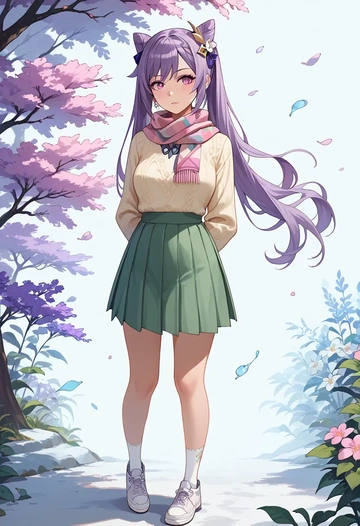 genshin impact,keqing_(genshin_impact),spring,student uniform,knit sweater  - AI generated anime art