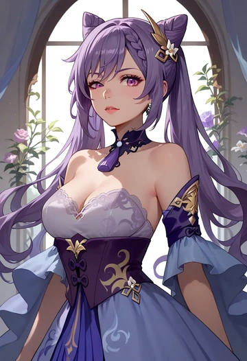 genshin impact,keqing_(genshin_impact),vampire corset,lace blouse,velvet skirt  - AI generated anime art