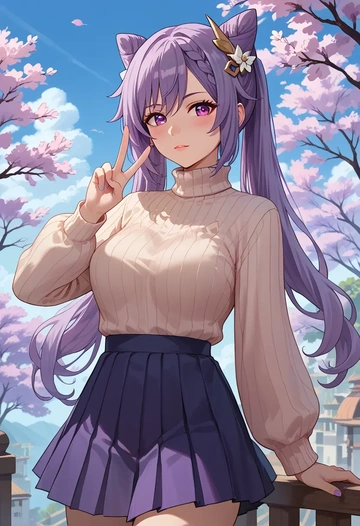 genshin impact,keqing_(genshin_impact),skirt,pleated,turtleneck sweater  - AI generated anime art