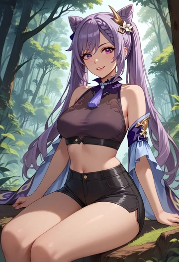 genshin impact,keqing_(genshin_impact),leather,shorts,crop top  - AI generated anime art