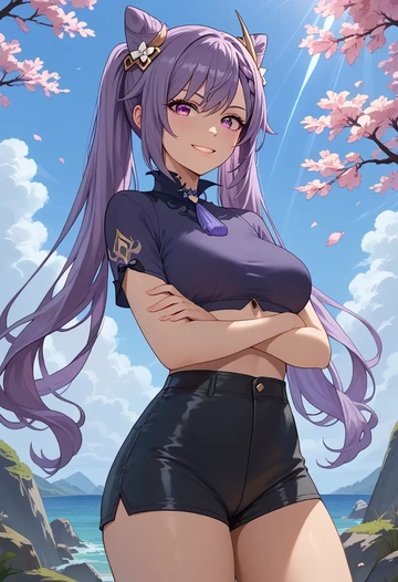 genshin impact,keqing_(genshin_impact),leather,shorts,crop top  - AI generated anime art