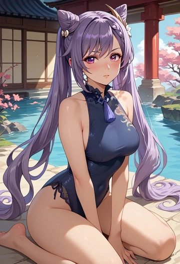 genshin impact,keqing_(genshin_impact),retro style swimsuit,frilled neckline,bow detail  - AI generated anime art