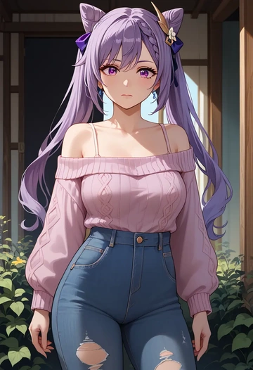 genshin impact,keqing_(genshin_impact),sweater,off-shoulder,ripped jeans  - AI generated anime art