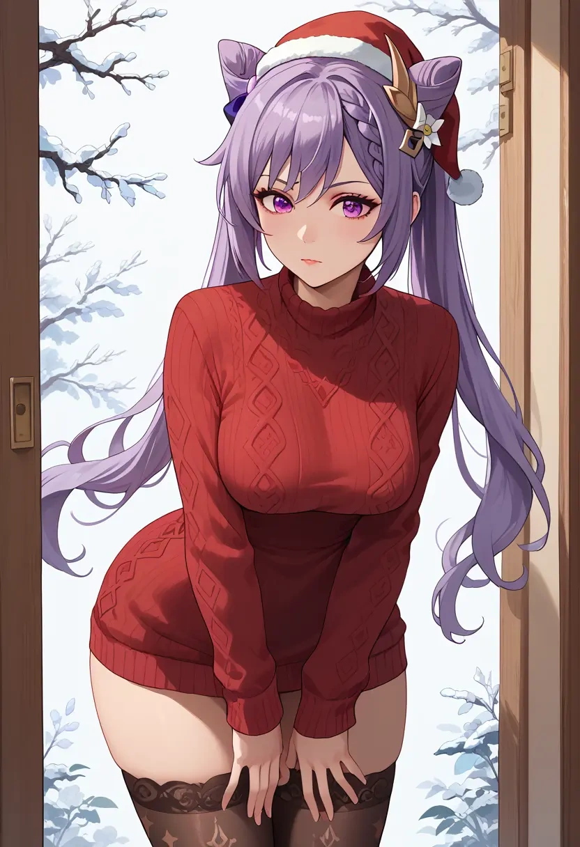 genshin impact,keqing_(genshin_impact),Christmas,sweater dress,stockings  - 