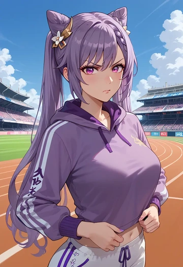 genshin impact,keqing_(genshin_impact),hoodie,cropped,high-waisted joggers  - AI generated anime art