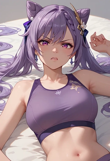 genshin impact,keqing_(genshin_impact),sports bra,wide-leg joggers  - AI generated anime art