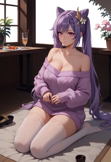 genshin impact,keqing_(genshin_impact),off-shoulder,sweater  - AI generated anime art