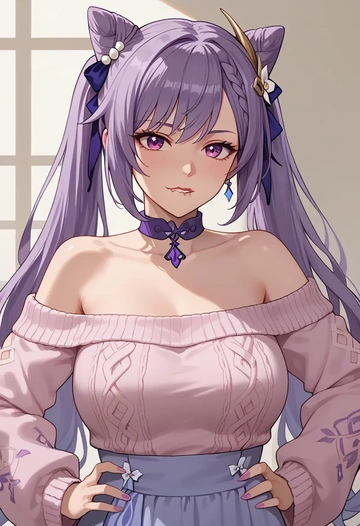 genshin impact,keqing_(genshin_impact),sweater,off-shoulder,collar  - AI generated anime art