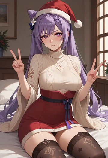 genshin impact,keqing_(genshin_impact),Christmas,sweater dress,stockings  - AI generated anime art