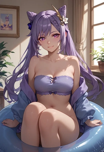 genshin impact,keqing_(genshin_impact),tube top,jogger shorts  - AI generated anime art