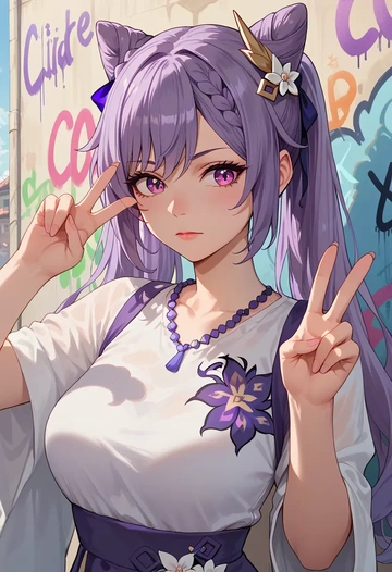 genshin impact,keqing_(genshin_impact),floral graffiti blouse,dolphin shorts  - AI generated anime art