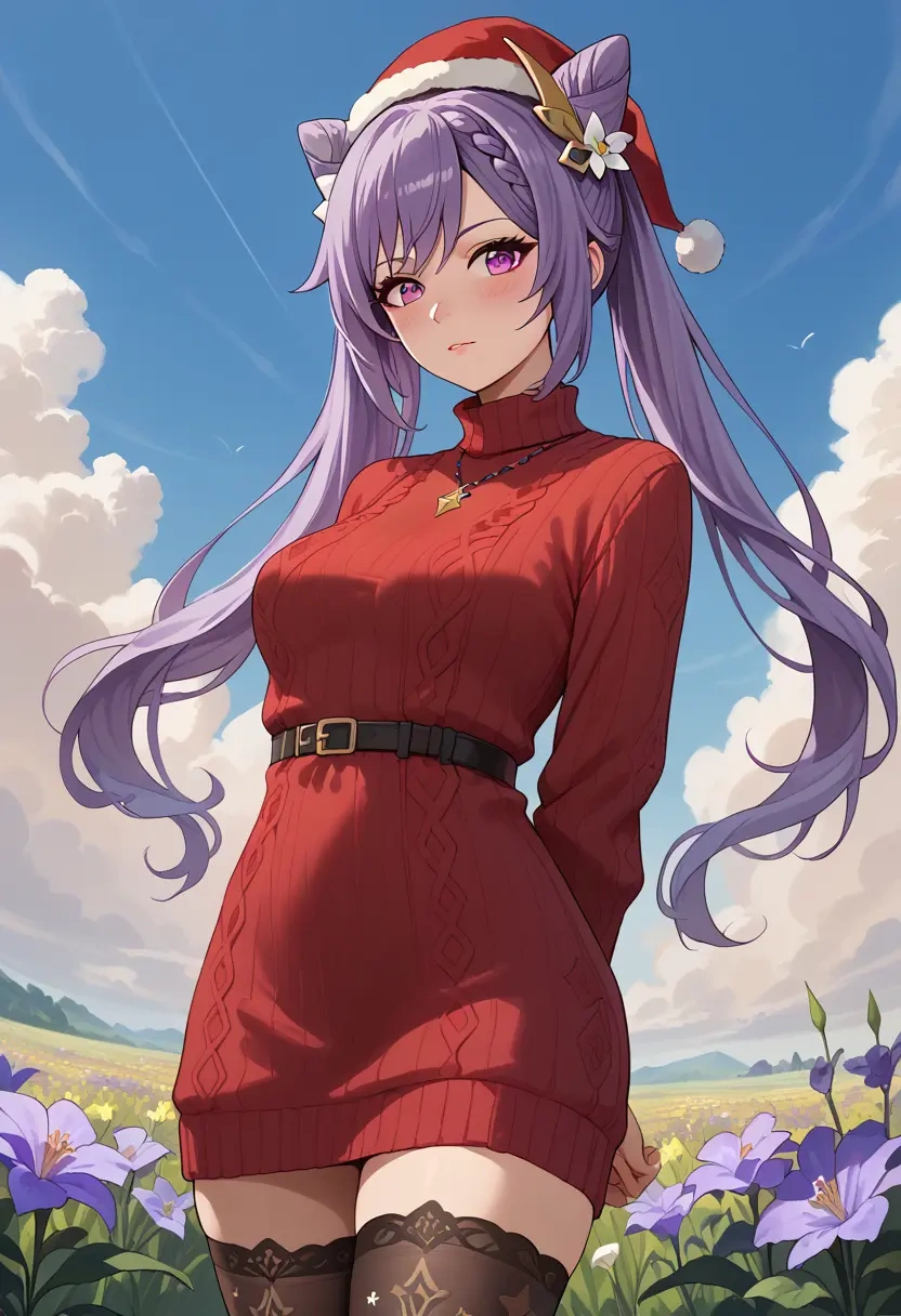 genshin impact,keqing_(genshin_impact),Christmas,sweater dress,stockings  - 