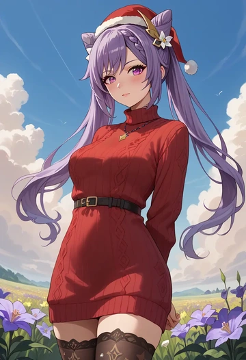 genshin impact,keqing_(genshin_impact),Christmas,sweater dress,stockings  - AI generated anime art