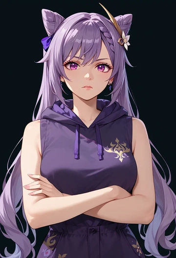 genshin impact,keqing_(genshin_impact),sleeveless hoodie,biker shorts  - AI generated anime art