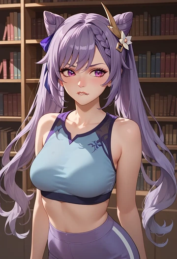 genshin impact,keqing_(genshin_impact),sports crop,high-waisted shorts  - AI generated anime art