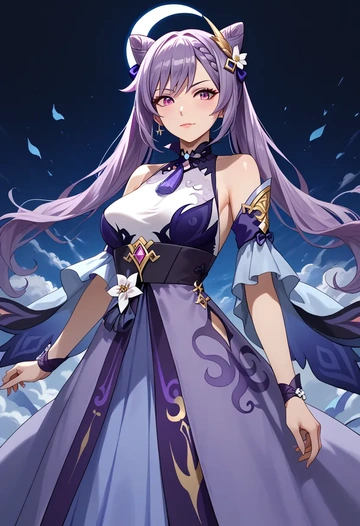 genshin impact,keqing_(genshin_impact),gothic priestess gown,high slit,embroidered veil  - AI generated anime art