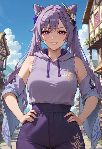 genshin impact,keqing_(genshin_impact),sleeveless hoodie,biker shorts  - AI generated anime art