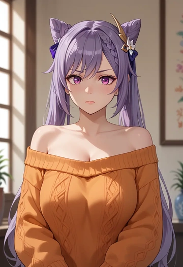 genshin impact,keqing_(genshin_impact),orange,sweater  - AI generated anime art