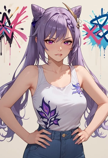 genshin impact,keqing_(genshin_impact),abstract graffiti tank,dolphin shorts  - AI generated anime art