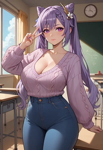 genshin impact,keqing_(genshin_impact),teacher, sweater, jeans shorts  - AI generated anime art