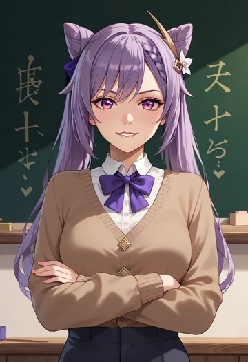 genshin impact,keqing_(genshin_impact),teacher, sweater  - AI generated anime art