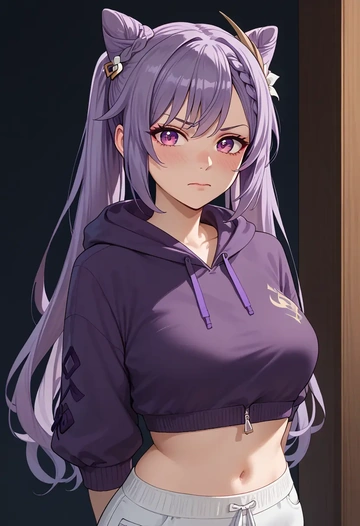 genshin impact,keqing_(genshin_impact),hoodie,cropped,high-waisted joggers  - AI generated anime art