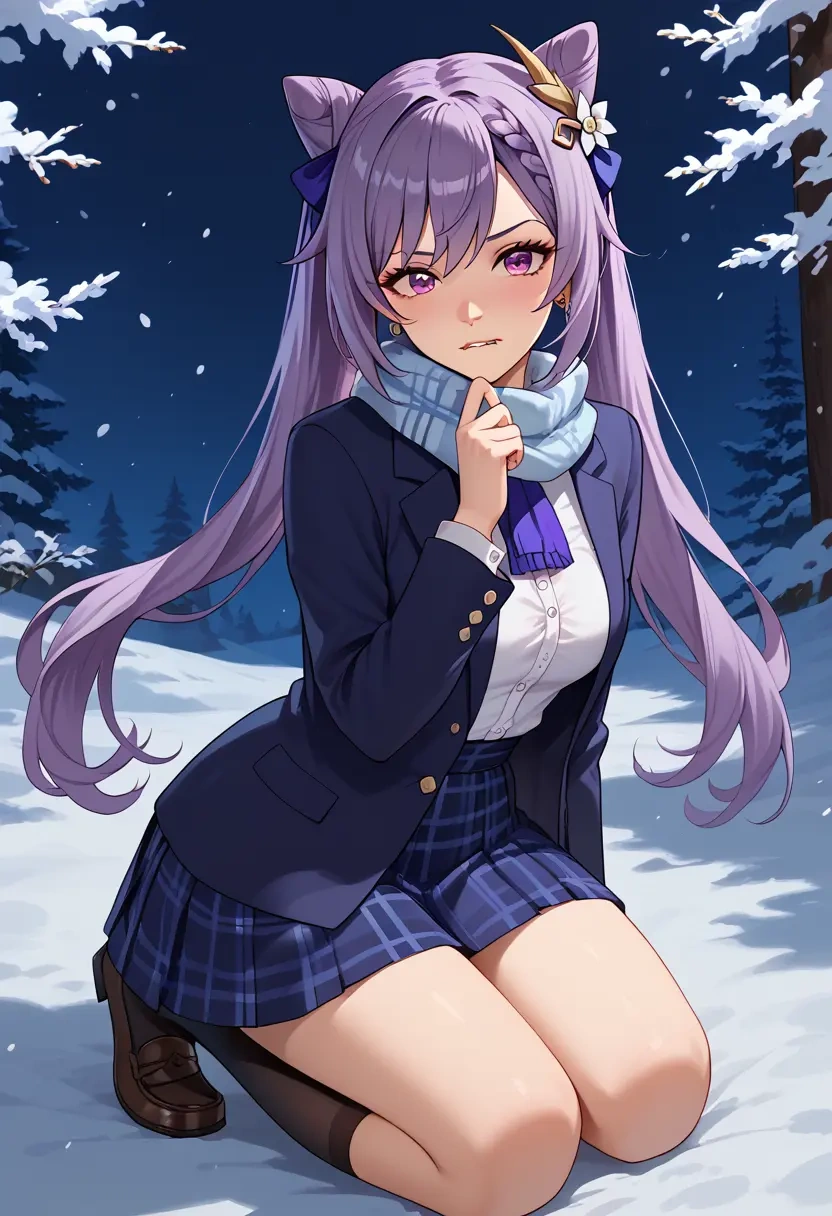 genshin impact,keqing_(genshin_impact),winter,student uniform,plaid skirt  - 