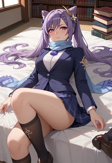 genshin impact,keqing_(genshin_impact),winter,student uniform,plaid skirt  - AI generated anime art