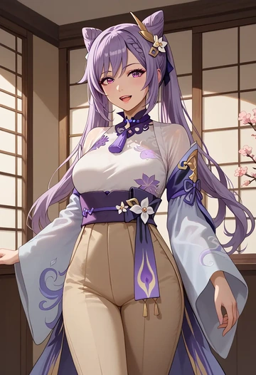 genshin impact,keqing_(genshin_impact),kimono,silk,wide-leg trousers  - AI generated anime art