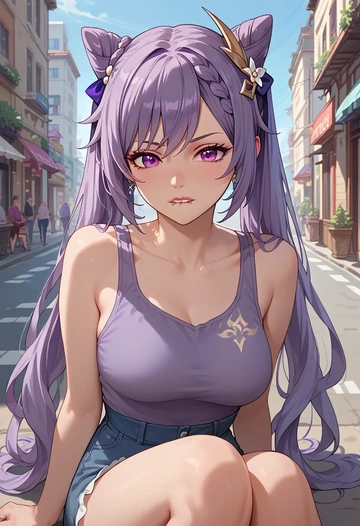 genshin impact,keqing_(genshin_impact),tank top,mesh,cycling shorts  - AI generated anime art