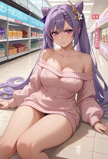 genshin impact,keqing_(genshin_impact),off-shoulder,sweater  - AI generated anime art