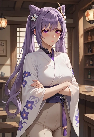 genshin impact,keqing_(genshin_impact),kimono,silk,wide-leg trousers  - AI generated anime art