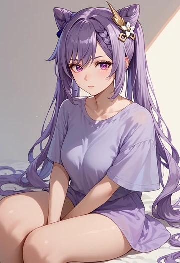 genshin impact,keqing_(genshin_impact),tie-dye shirt,dolphin shorts  - AI generated anime art