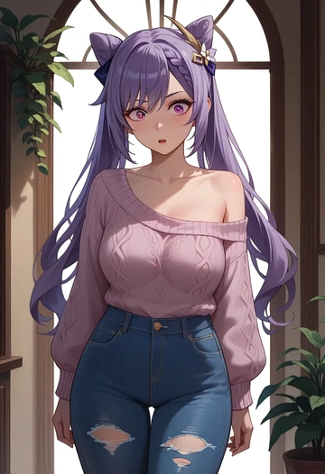 genshin impact,keqing_(genshin_impact),sweater,off-shoulder,ripped jeans  - AI generated anime art