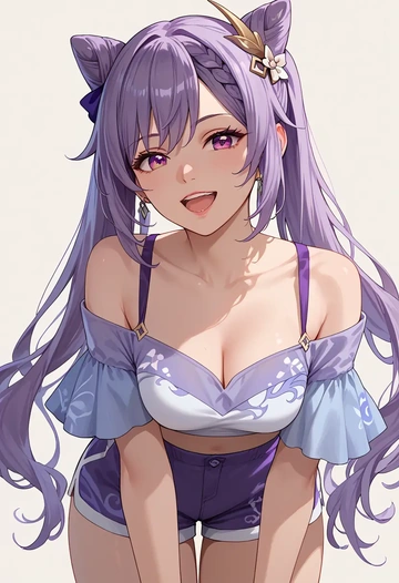 genshin impact,keqing_(genshin_impact),off-shoulder top,dolphin shorts  - AI generated anime art