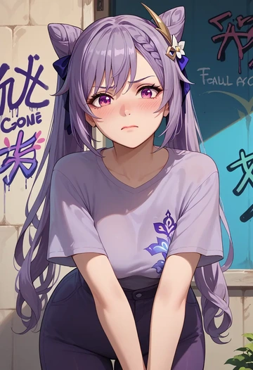 genshin impact,keqing_(genshin_impact),crop graffiti tee,dolphin shorts  - AI generated anime art