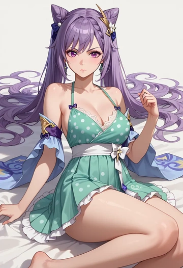 genshin impact,keqing_(genshin_impact),silk slip dress,polka dots  - AI generated anime art