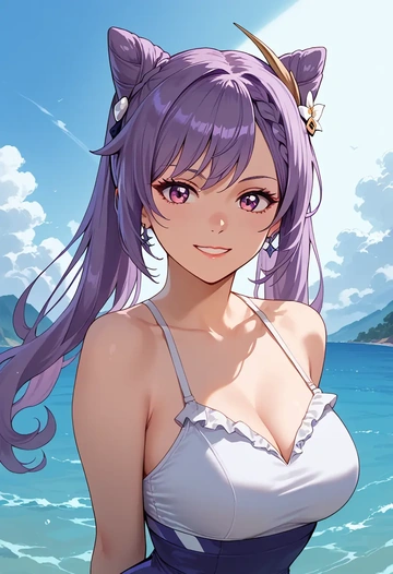 genshin impact,keqing_(genshin_impact),retro style swimsuit,frilled neckline,bow detail  - AI generated anime art