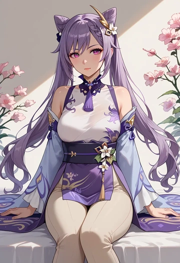 genshin impact,keqing_(genshin_impact),kimono,silk,wide-leg trousers  - AI generated anime art