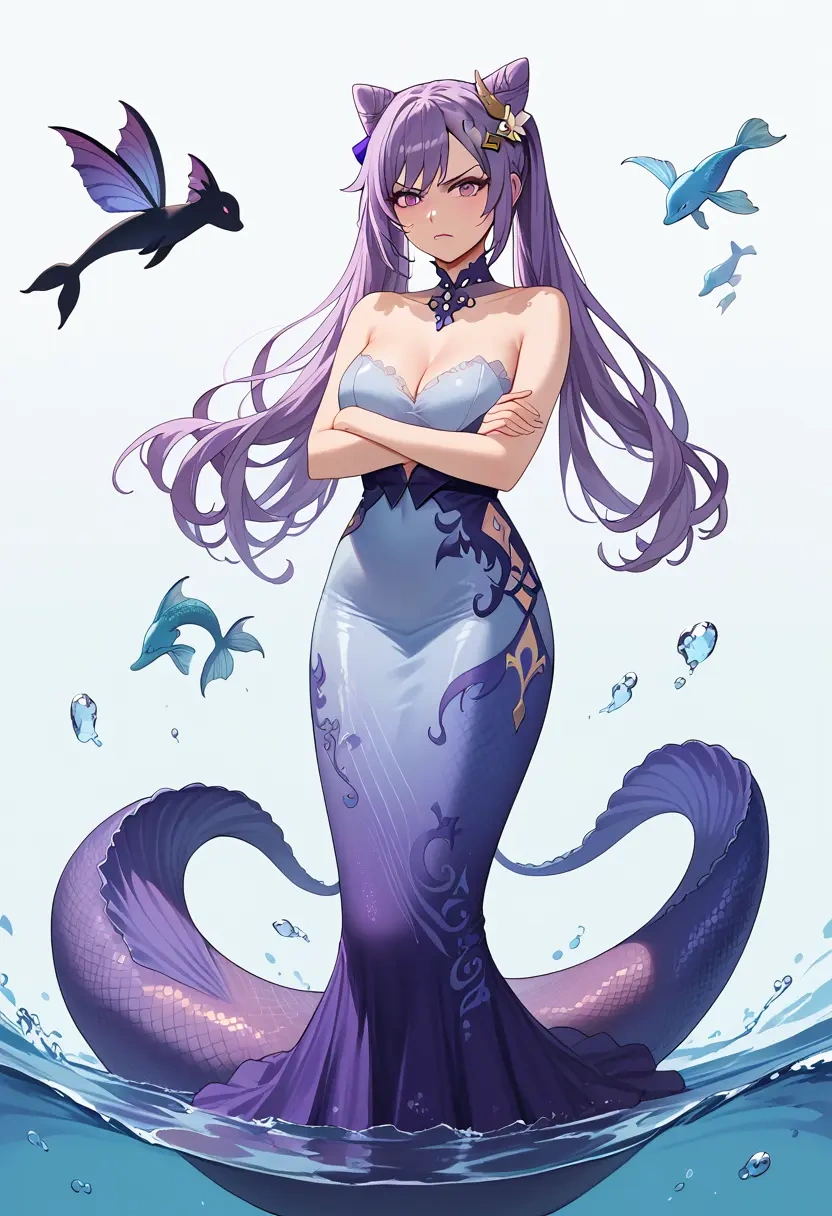 genshin impact,keqing_(genshin_impact),gown,strapless,mermaid silhouette  - 