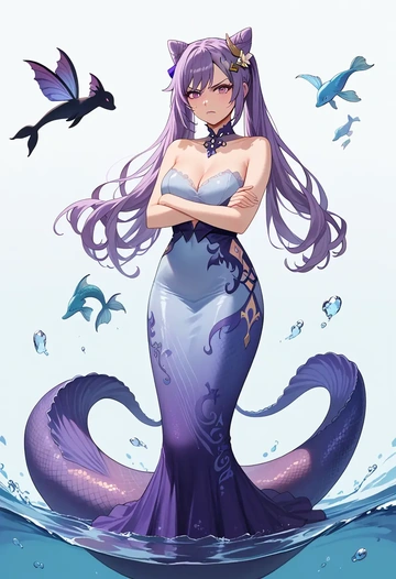 genshin impact,keqing_(genshin_impact),gown,strapless,mermaid silhouette  - AI generated anime art