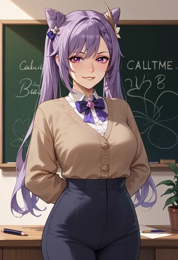 genshin impact,keqing_(genshin_impact),teacher, sweater  - AI generated anime art