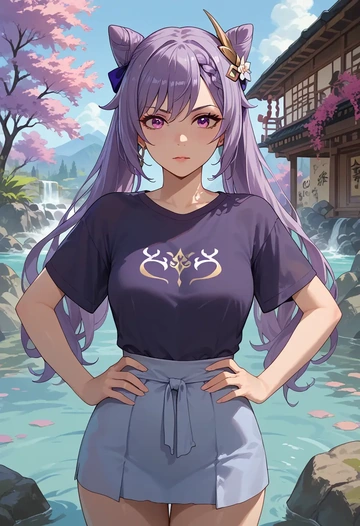 genshin impact,keqing_(genshin_impact),crop graffiti tee,dolphin shorts  - AI generated anime art