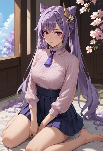 genshin impact,keqing_(genshin_impact),skirt,pleated,turtleneck sweater  - AI generated anime art