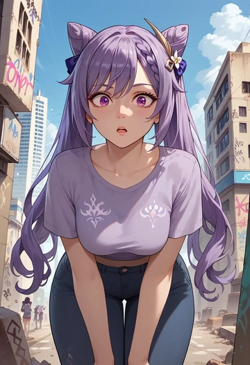 genshin impact,keqing_(genshin_impact),crop graffiti tee,dolphin shorts  - AI generated anime art