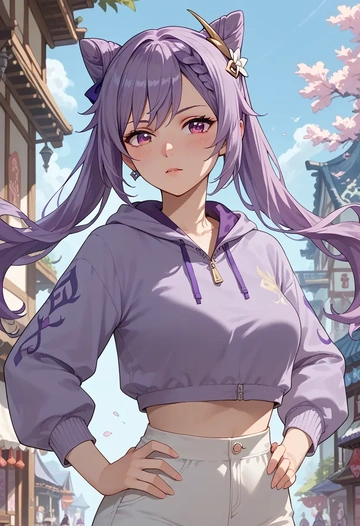 genshin impact,keqing_(genshin_impact),crop hoodie,shorts  - AI generated anime art