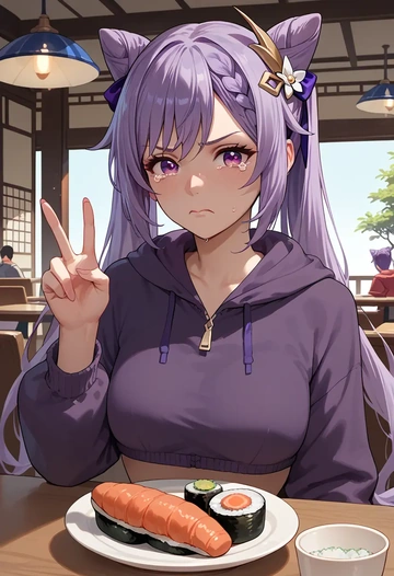 genshin impact,keqing_(genshin_impact),crop hoodie,shorts  - AI generated anime art