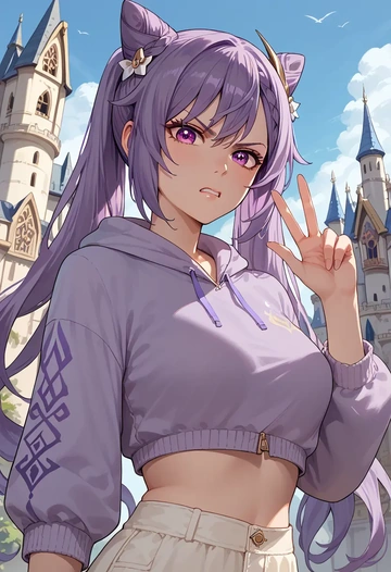 genshin impact,keqing_(genshin_impact),crop hoodie,shorts  - AI generated anime art